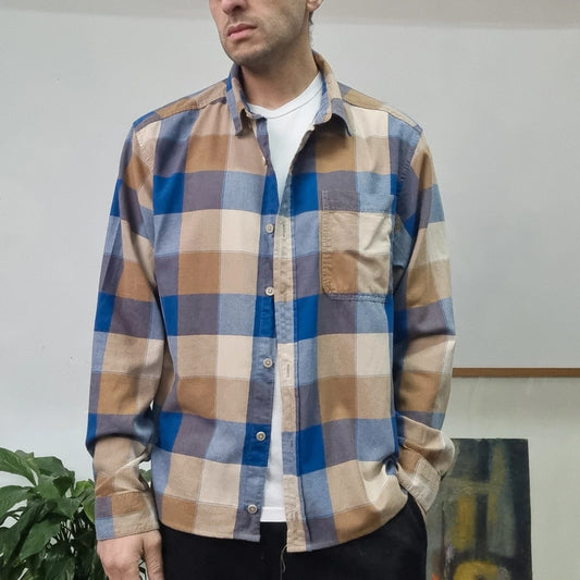 Vintage Columbia Boxy Fit Cropped Shirt Long Sleeve large Check Blue Button Up Skater Y2K Surf