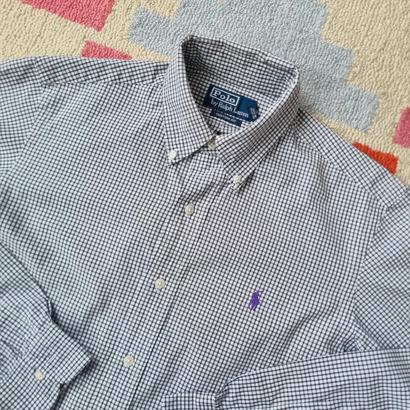 Vintage Ralph Lauren Boxy Fit Cropped Shirt Long Sleeve small checked Black Button Up Skater Y2K