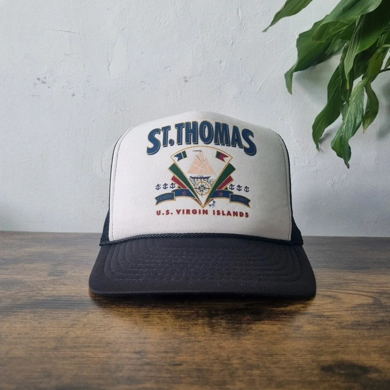 Vintage American Trucker Hat Snapback cap one size adjustable black white St. Thomas