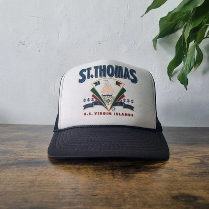Vintage American Trucker Hat Snapback cap one size adjustable black white St. Thomas
