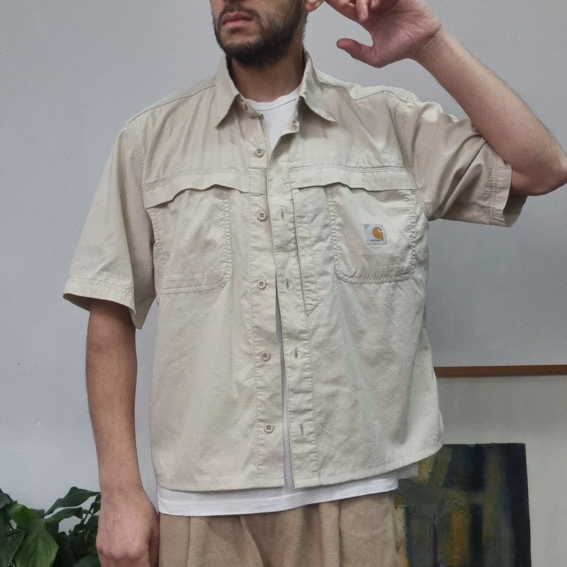 Carhartt Boxy Fit Cropped Shirt Short Sleeve large plain cream Button Up Skater Y2K Surf