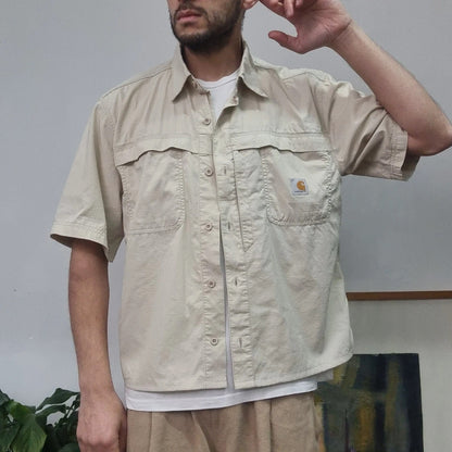 Carhartt Boxy Fit Cropped Shirt Short Sleeve large plain cream Button Up Skater Y2K Surf