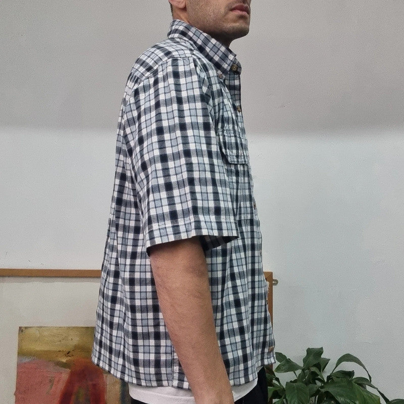 Carhartt Boxy Fit Cropped Shirt Short Sleeve Medium check Blue Button Up Skater Y2K Surf