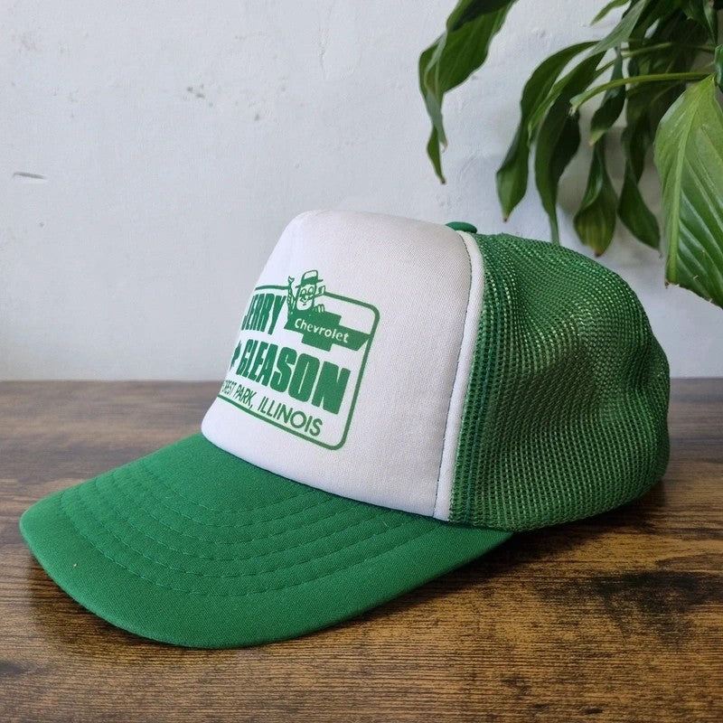 Vintage American Trucker Hat Snapback cap one size adjustable green white jerry gleason