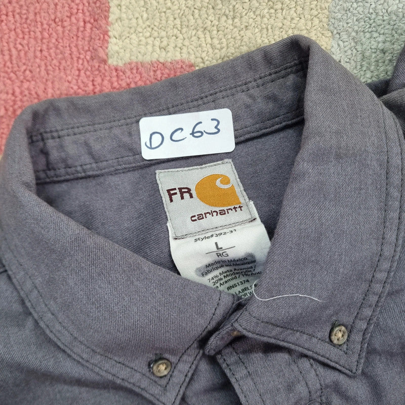 Vintage Carhartt FR Boxy Fit Cropped Shirt Long Sleeve large plain Grey Button Up Skater Y2K