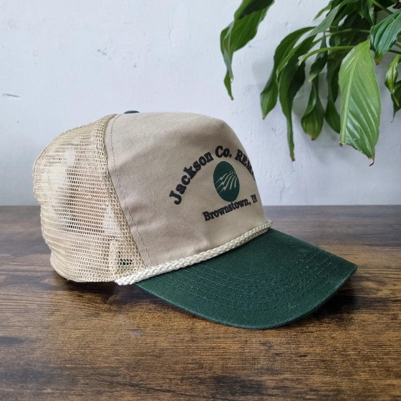 Vintage American Trucker Hat Snapback cap one size adjustable beige green Jackson co farming