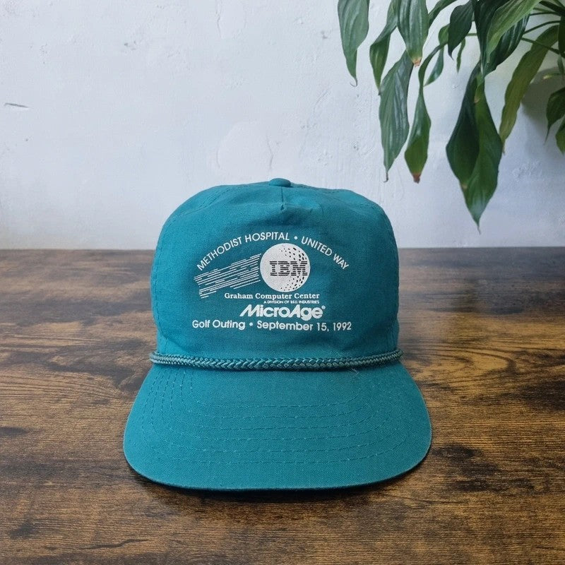 Vintage American Trucker Hat Snapback cap one size adjustable green IBM golf