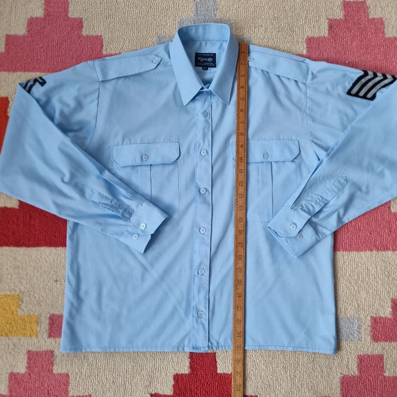 Vintage military Army Boxy Fit Cropped Shirt Long Sleeve medium plain Blue Button Up Skater Y2K