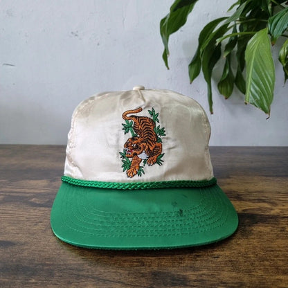 Vintage American Baseball Hat Snapback cap one size adjustable cream green tiger