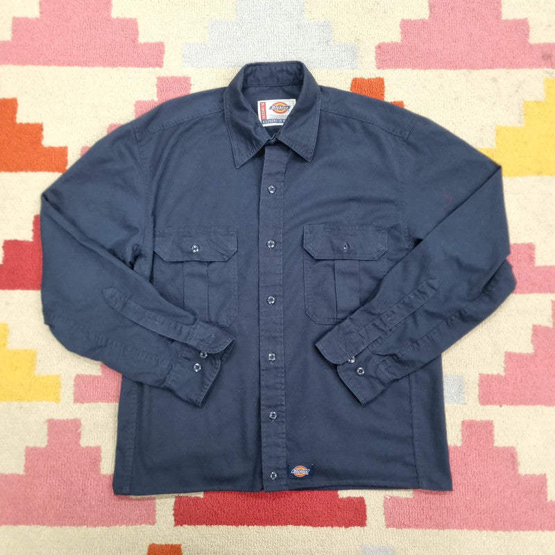 Vintage Dickies Boxy Fit Cropped Shirt long Sleeve Medium plain Blue Button Up Skater Y2K Surf