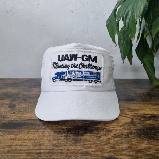 Vintage American Trucker Hat Snapback cap one size adjustable white UAW union General motors truck