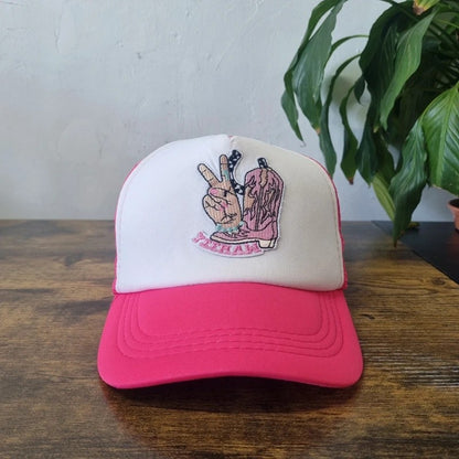 Vintage American Trucker Hat Snapback cap one size adjustable pink white Cowboys y2k