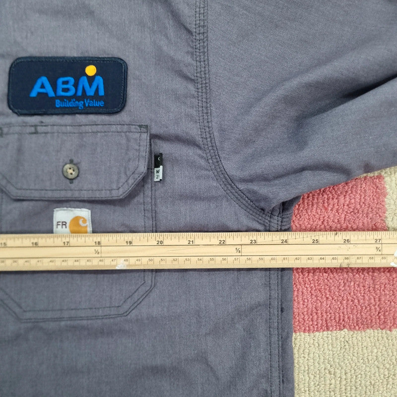 Vintage Carhartt FR Boxy Fit Cropped Shirt Long Sleeve large plain Grey Button Up Skater Y2K