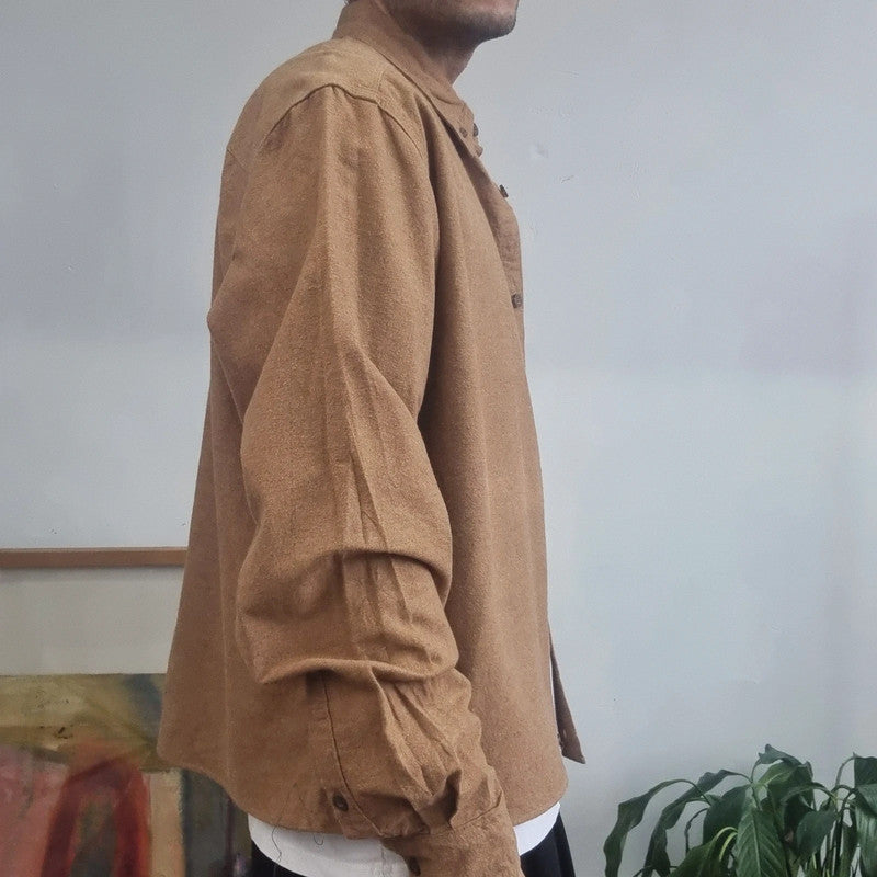 Woolrich Boxy Fit Cropped flannel Shirt long Sleeve large plain brown Button Up Skater Y2K Surf