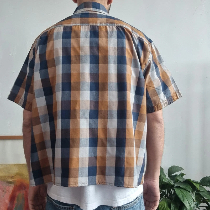 Lee Boxy Fit Cropped Shirt short Sleeve XL check brown blue Button Up Skater Y2K Surf