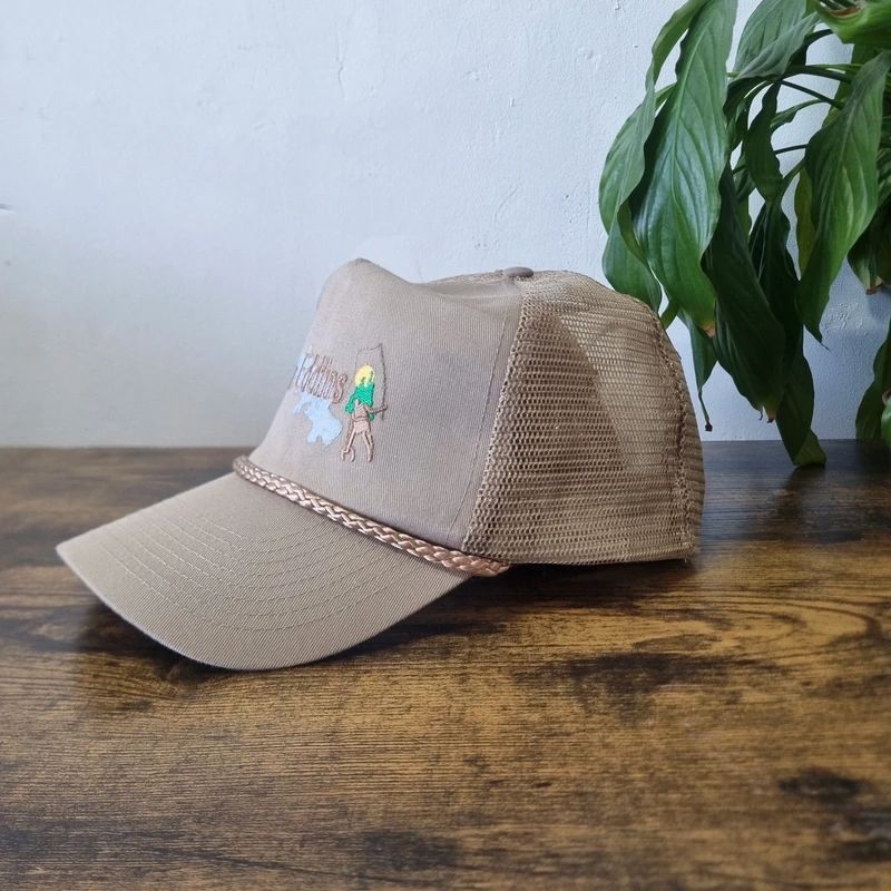 Vintage American Trucker Hat Snapback cap one size adjustable beige lake eddins fishing
