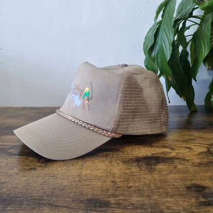 Vintage American Trucker Hat Snapback cap one size adjustable beige lake eddins fishing