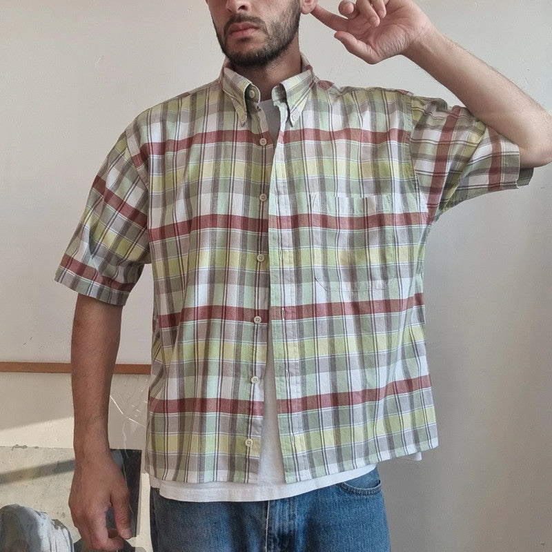 Pendleton Boxy Fit Cropped Shirt Short Sleeve large check multi Button Up Skater Y2K Surf