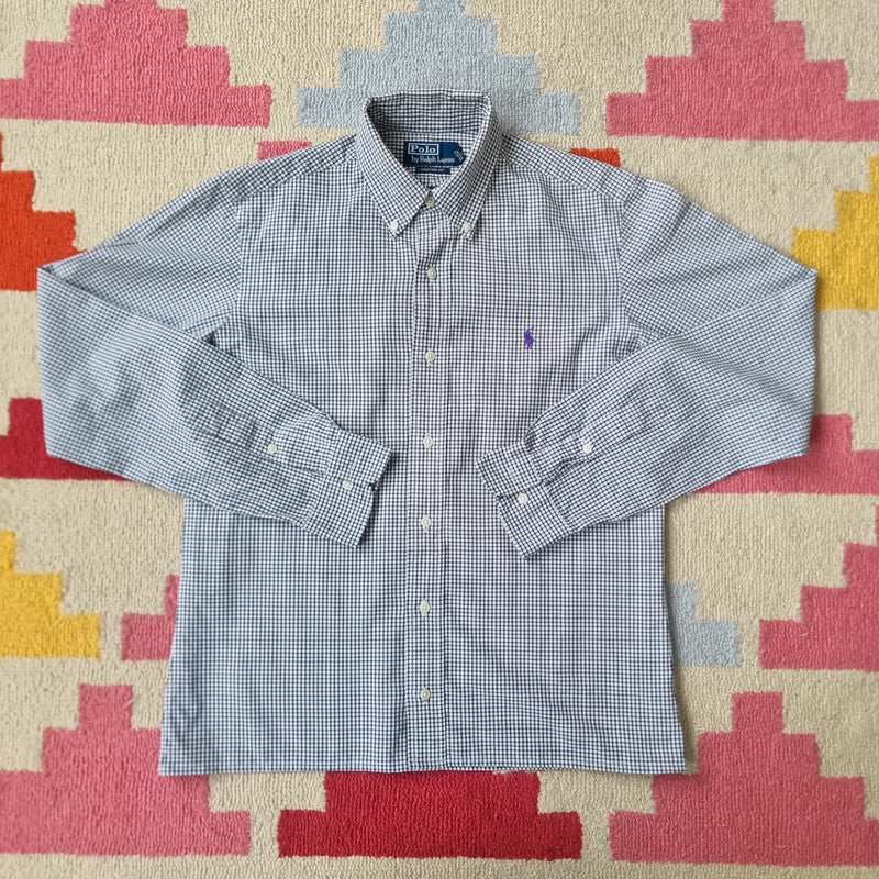 Vintage Ralph Lauren Boxy Fit Cropped Shirt Long Sleeve small checked Black Button Up Skater Y2K
