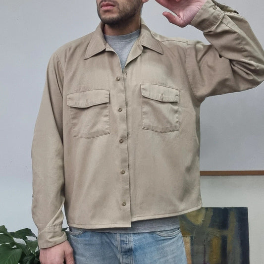 Vintage Dickies Boxy Fit Cropped Shirt Long Sleeve large plain Beige Button Up Skater Y2K Surf