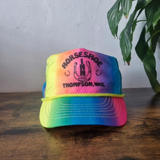 Vintage American Trucker Hat Snapback cap one size adjustable horseshoe inn neon multi