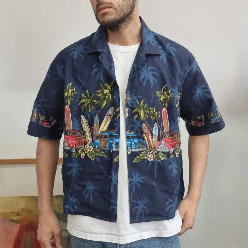Vintage hawaii Boxy Fit Cropped Shirt Short Sleeve large print Blue Button Up Skater Y2K Surf