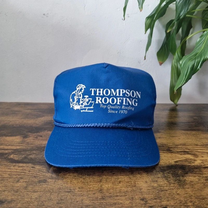 Vintage American Trucker Hat Snapback cap Thompson roofing one size adjustable blue