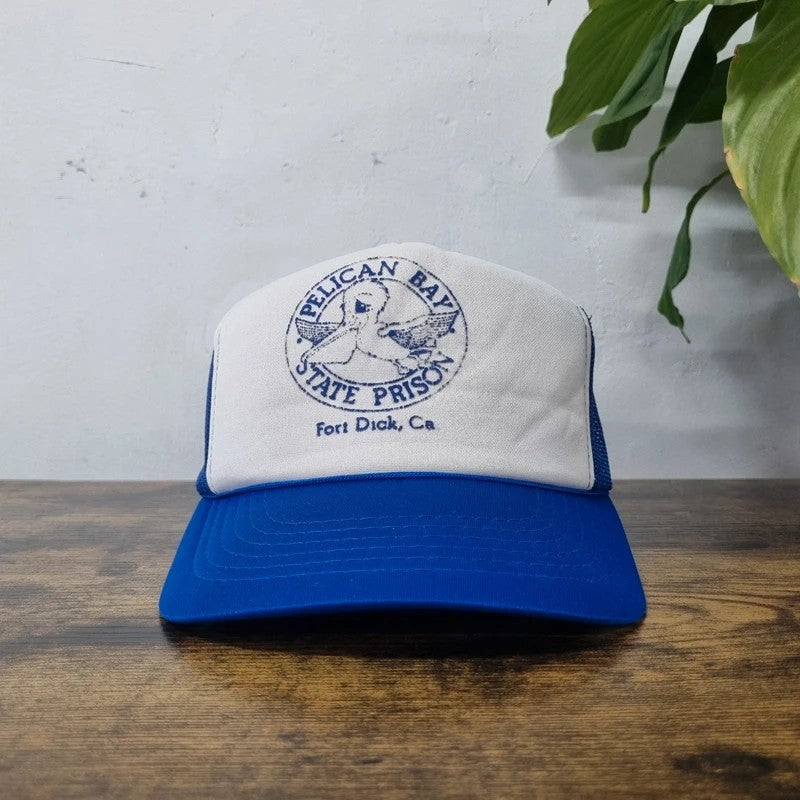 Vintage American Trucker Hat Snapback cap one size blue white Pelican bay statement prison