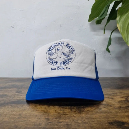 Vintage American Trucker Hat Snapback cap one size blue white Pelican bay statement prison