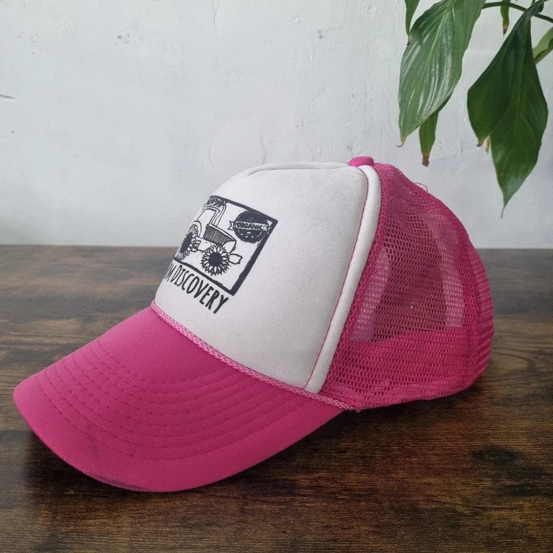 Vintage American Trucker Hat Snapback cap one size adjustable pink white farm discovery truck