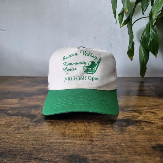 Vintage American Trucker Hat Snapback cap one size adjustable cream green golf open 2003