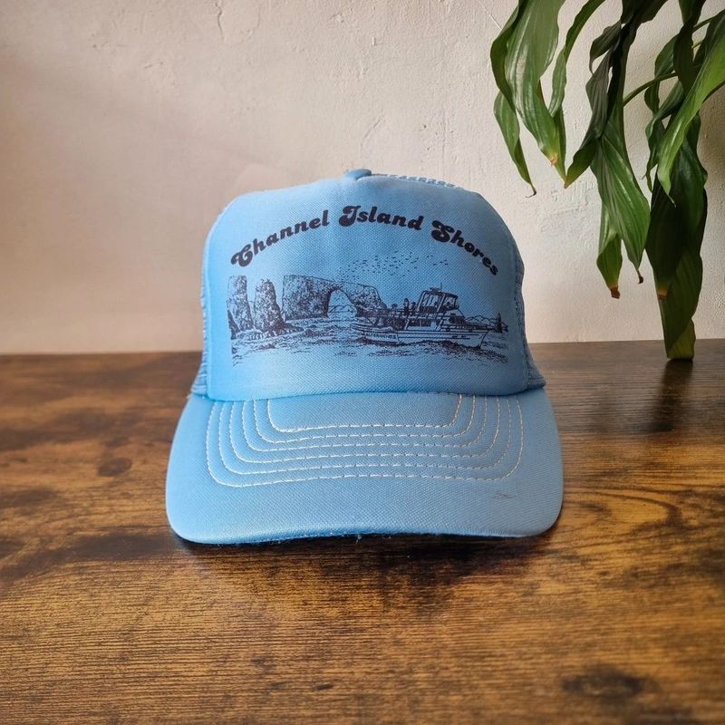 Vintage American Trucker Hat Snapback cap one size adjustable channel island light blue