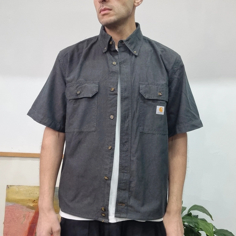 Carhartt Boxy Fit Cropped Shirt Short Sleeve Medium plain Black Button Up Skater Y2K Surf
