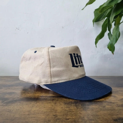 Vintage American Baseball Hat Snapback cap one size adjustable cream navy Miller lite beer