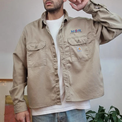 Vintage Carhartt FR Boxy Fit Cropped Shirt Long Sleeve XL plain Beige Button Up Skater Y2K Surf