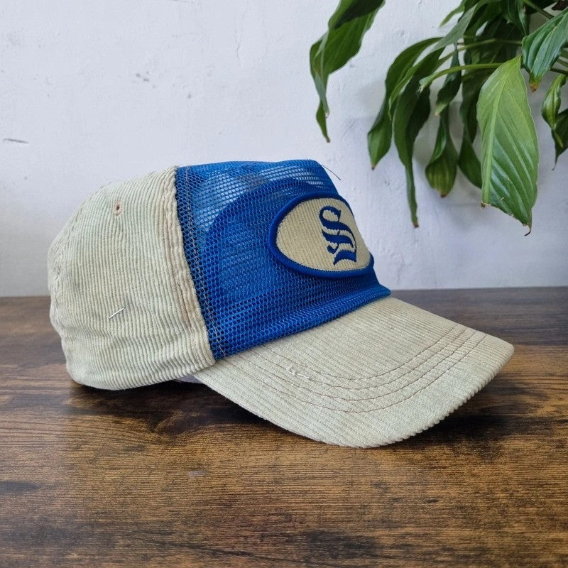 Vintage American Trucker Hat Snapback cap one size adjustable beige blue S logo