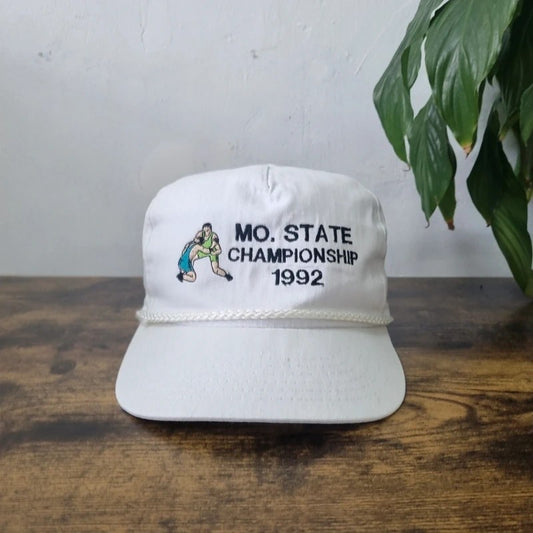 Vintage American Trucker Hat Snapback cap one size white mo state championship wrestling 90s