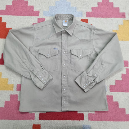 Vintage Carhartt Boxy Fit Cropped Over Shirt shacket Sleeve Medium plain Beige Button Up