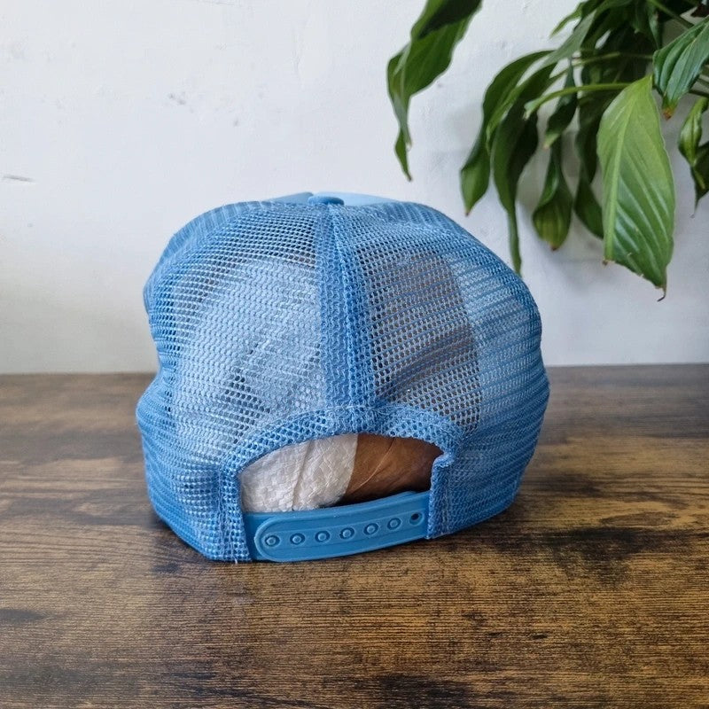 Vintage American Trucker Hat Snapback cap one size light blue Kids need hugs not Dr