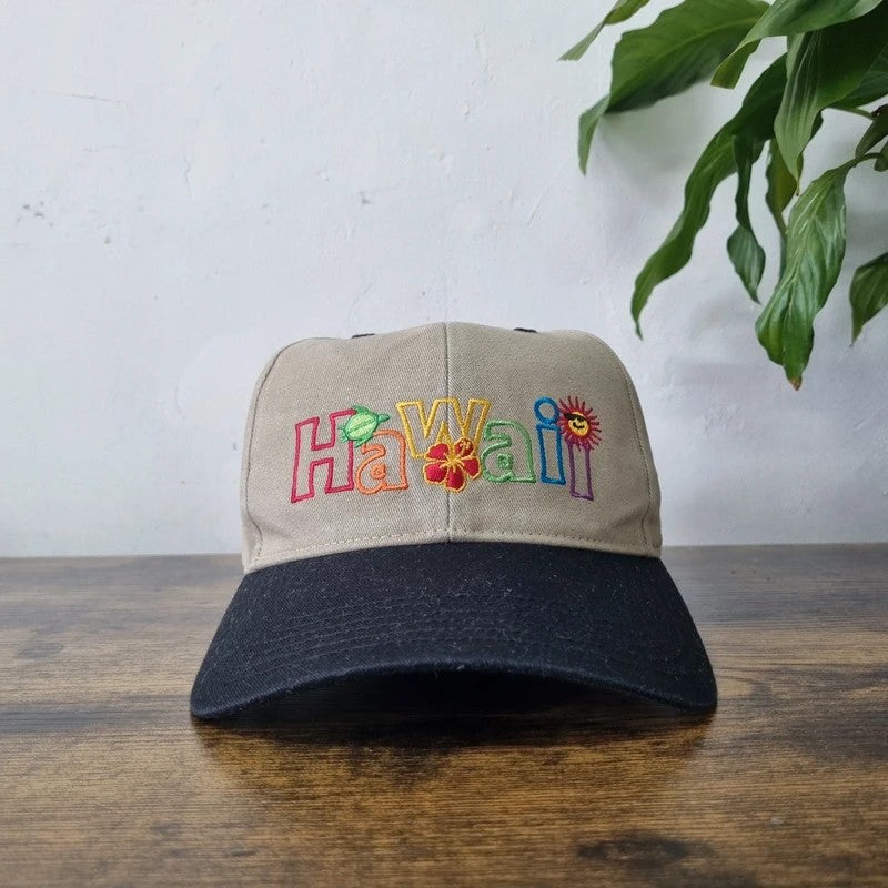 Vintage American Baseball Hat Snapback cap one size adjustable beige black Hawaii