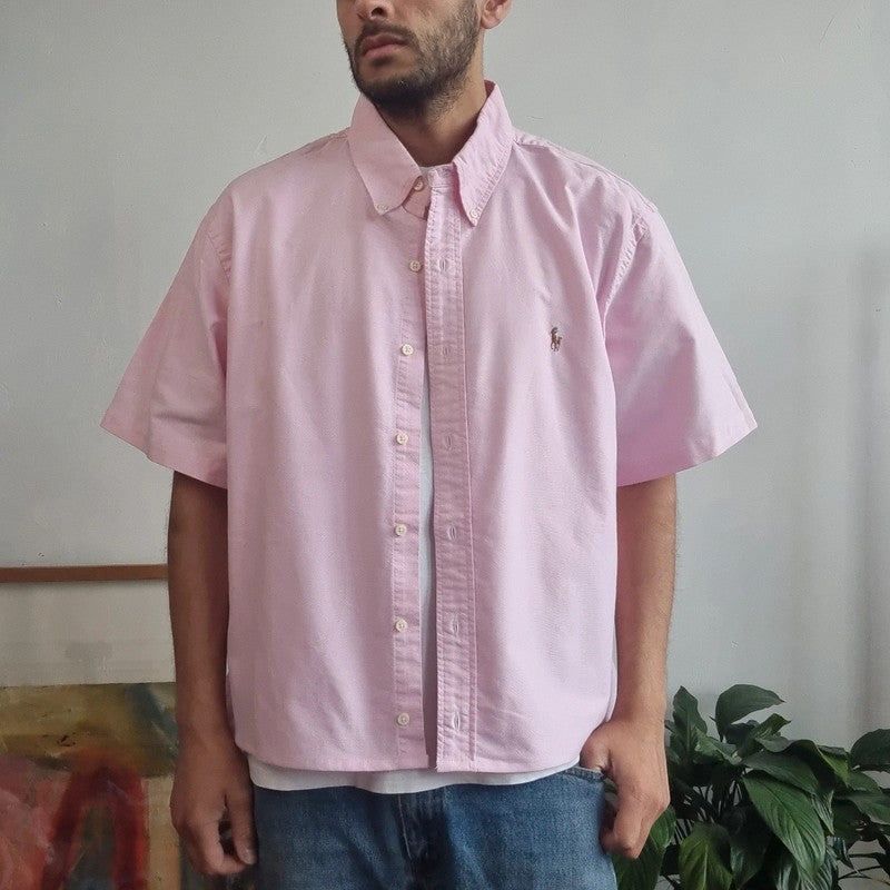 Ralph lauren Boxy Fit Cropped Shirt short Sleeve XL plain pink Button Up Skater Y2K Surf