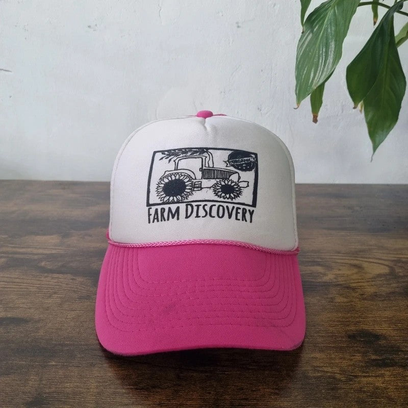 Vintage American Trucker Hat Snapback cap one size adjustable pink white farm discovery truck