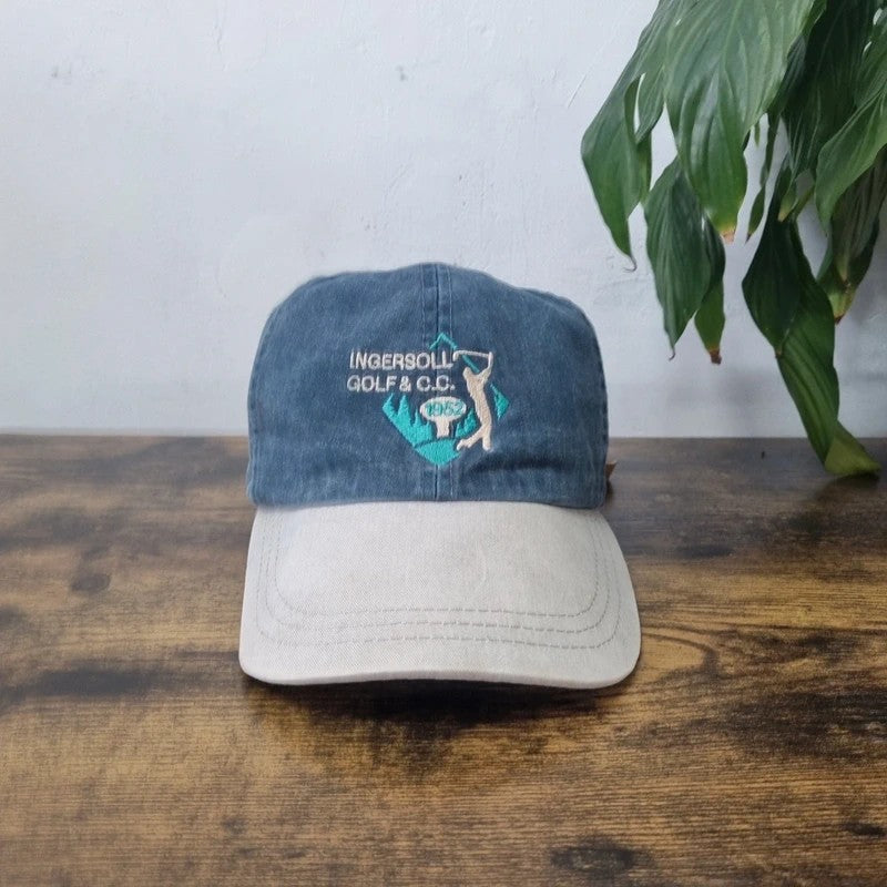 Vintage American Baseball Hat Snapback cap one size adjustable Ingersoll Golf blue beige