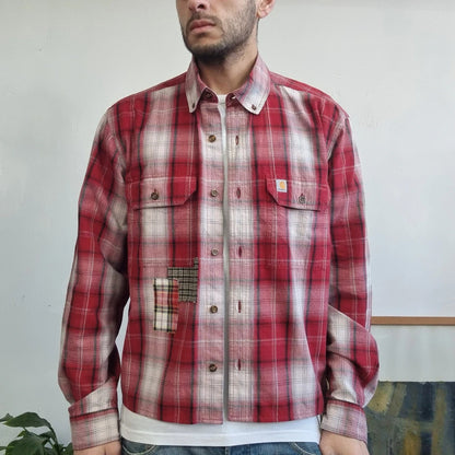 Vintage Carhartt Boxy Fit Cropped Shirt Short Sleeve large check Red Button Up Skater Y2K Surf