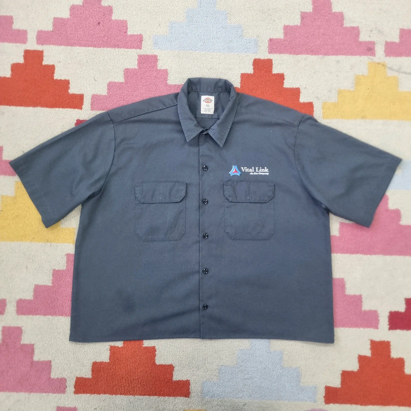 Vintage Dickies Boxy Fit Cropped Shirt Short Sleeve XL plain Grey Button Up Skater Y2K Surf