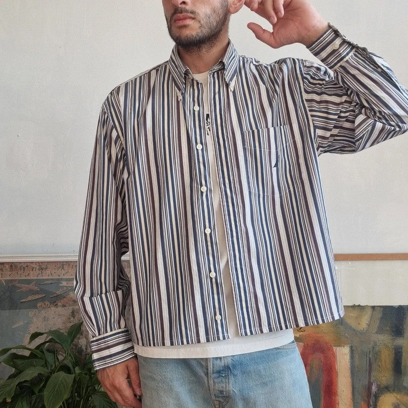 Vintage Nautica Boxy Fit Cropped Shirt Long Sleeve Medium striped multi Button Up Skater Y2K Surf