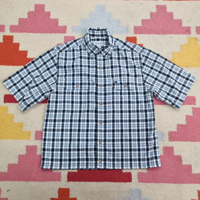 Carhartt Boxy Fit Cropped Shirt Short Sleeve Medium check Blue Button Up Skater Y2K Surf