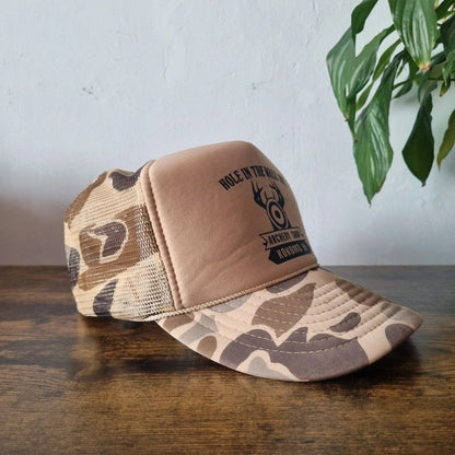 Vintage American Trucker Hat Snapback cap one size adjustable beige khaki camo hole in the wall