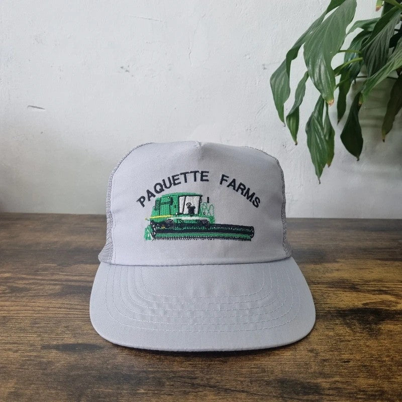 Vintage American Trucker Hat Snapback cap one size adjustable grey paquette farms farming