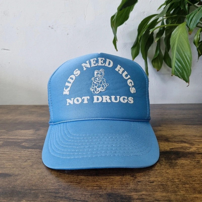 Vintage American Trucker Hat Snapback cap one size light blue Kids need hugs not Dr